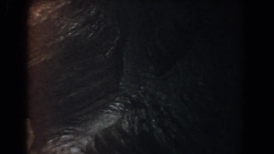 Dark 8mm close-up attributed to the 1958 Yorktown clip, showing reflective surface details and reddish-brown edge tones.