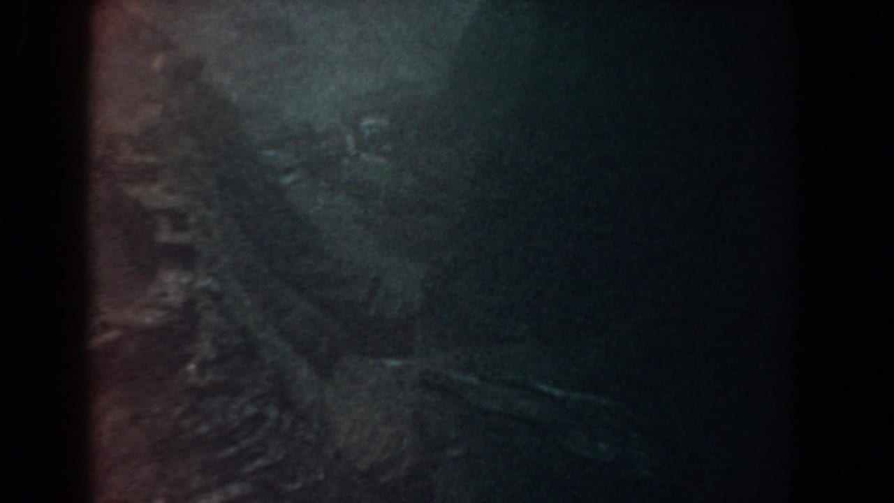 Dark wet rock surface with heavy shadow and warm film edge tint.