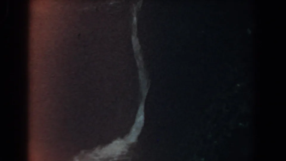 1958 8mm Yorktown frame with a thin waterfall running down a dark rocky surface.