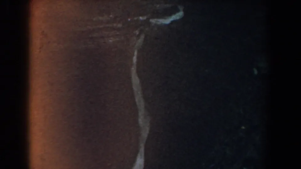 Yorktown, Virginia 1958 home-movie frame with heavy gate darkness and a distant woman walking along a sunlit sidewalk.