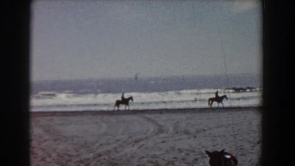 Distant riders travel along the surf in 1958 Yorktown, Virginia, while a poodle is partly visible in the foreground.