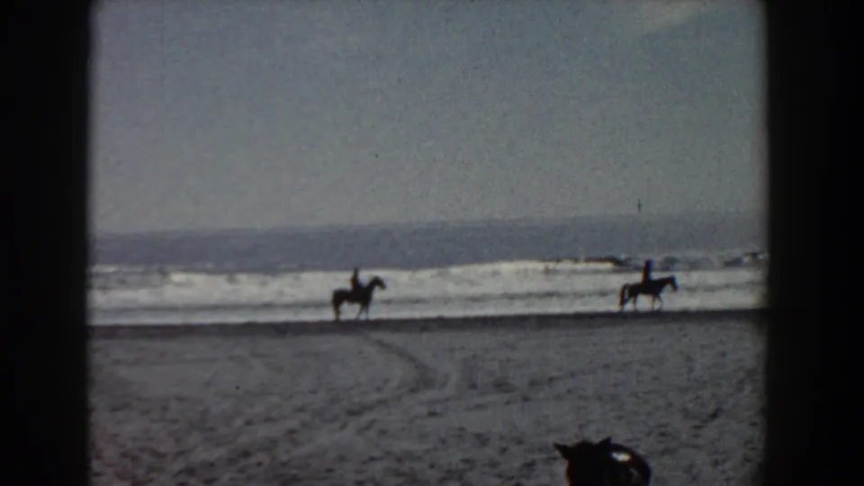 A Yorktown beach scene shows horseback riders near the surf and a seated poodle watching from the lower foreground.