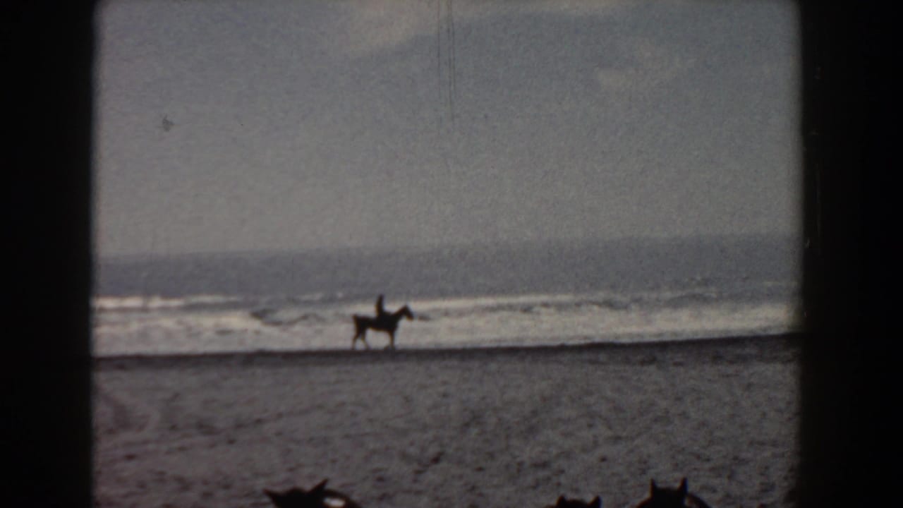 A distant rider on horseback travels along the Yorktown beach shoreline in soft, grainy 8mm color footage.