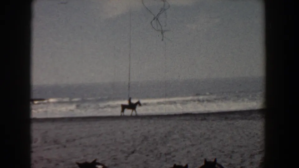 Yorktown beach scene with a small horse-and-rider silhouette near the water and partial foreground shapes at the lower edge.