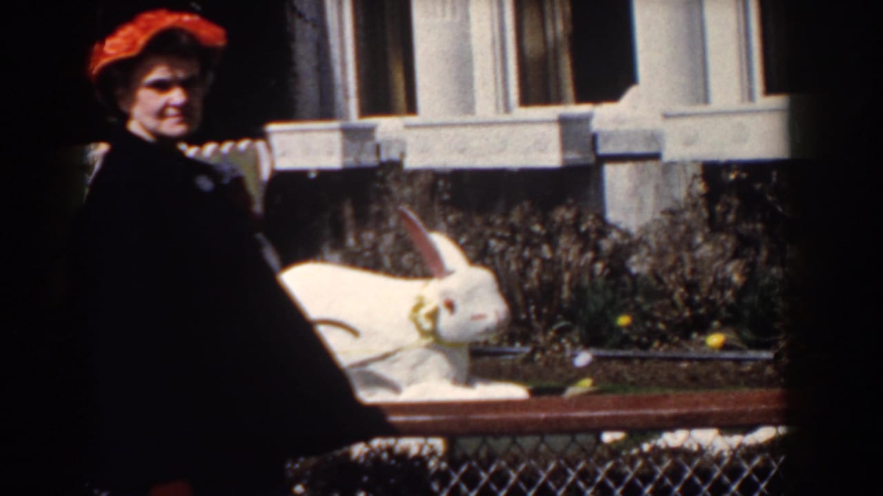 Woman in a red hat and dark clothing stands beside a white decorative rabbit planter in 1958 Yorktown home-movie footage.
