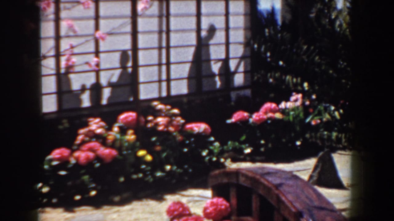 1958 Yorktown home-movie frame showing shoji-style panels, cast figure shadows, pink flowers, stone path, and a small arched bridge.