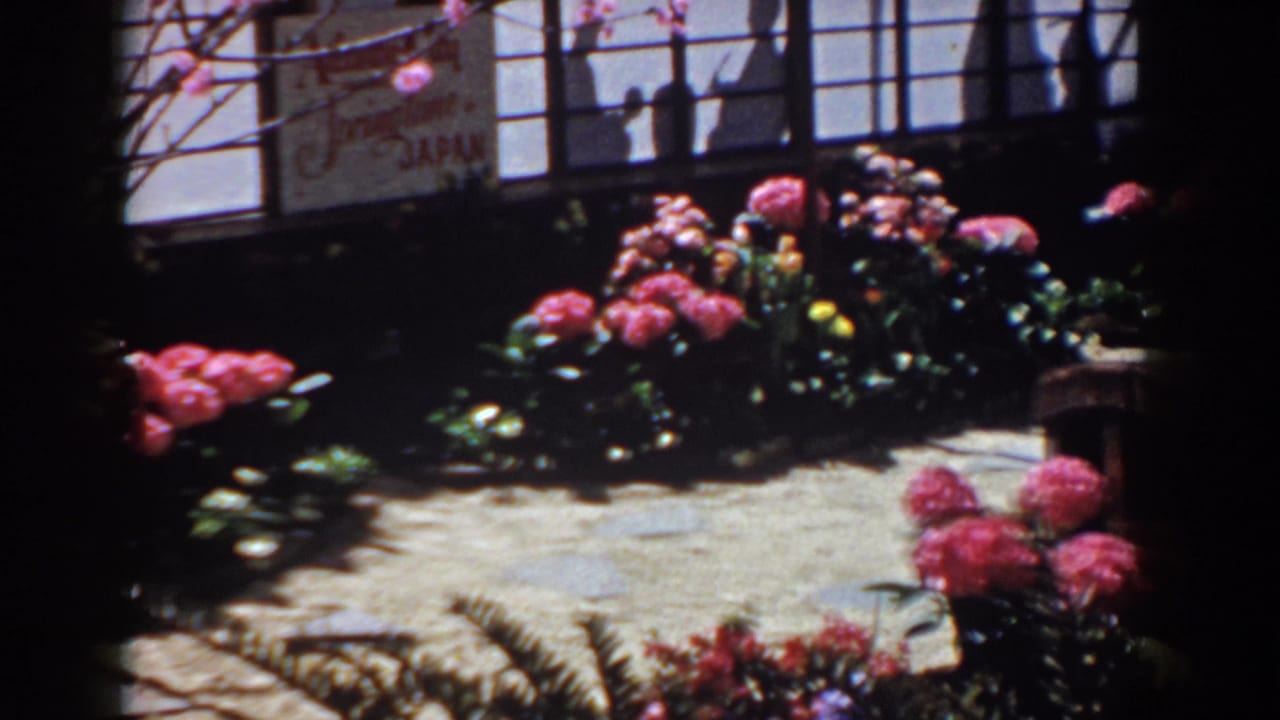 1958 Yorktown, Virginia frame with flower beds, shoji-style panels, branches, and a visible "Japan" sign in the background.