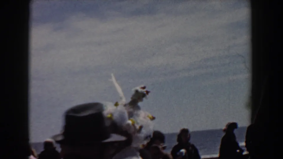 Yorktown waterfront crowd seen in silhouette, with a white feathered costume partly visible during the 1958 gathering.