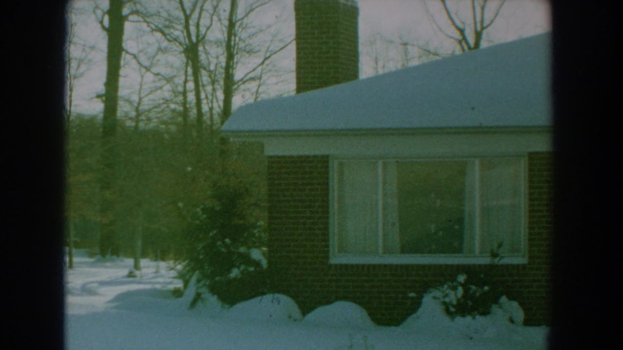 Snow-covered brick house with chimney, picture window, shrubs, and bare trees.