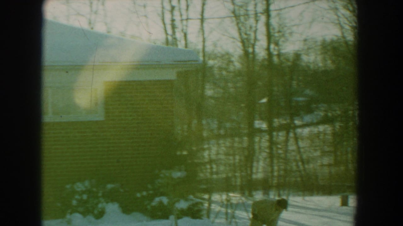 Man in winter clothing shovels snow near a brick house and bare trees.