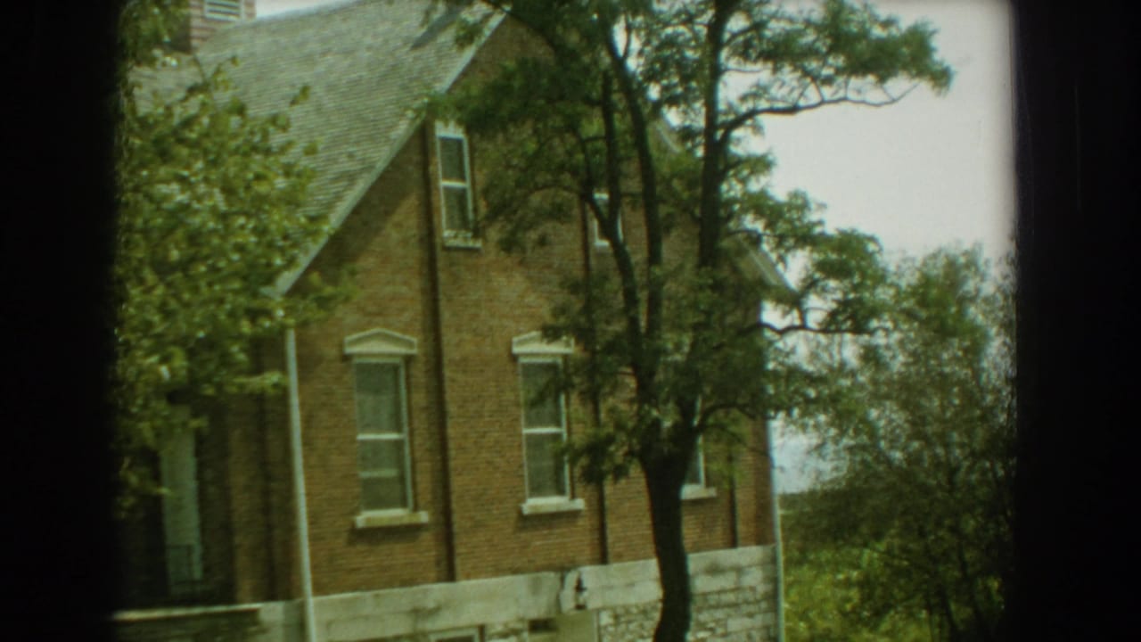 Side of a brick house with several windows, trees, and a pale stone foundation.
