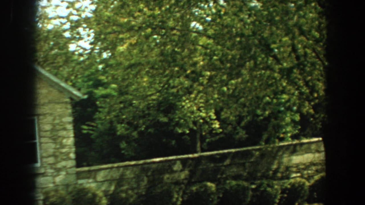 Partial tan stone building behind trees and a low stone wall.