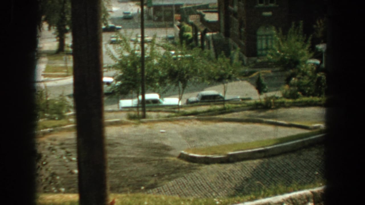 Window-framed view of a street corner with parked cars, trees, and buildings.