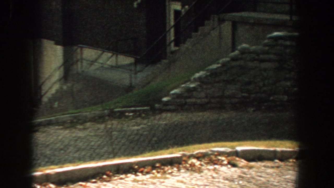 Stone wall, cobbled path, grassy slope, and stairs seen through dark vertical framing.