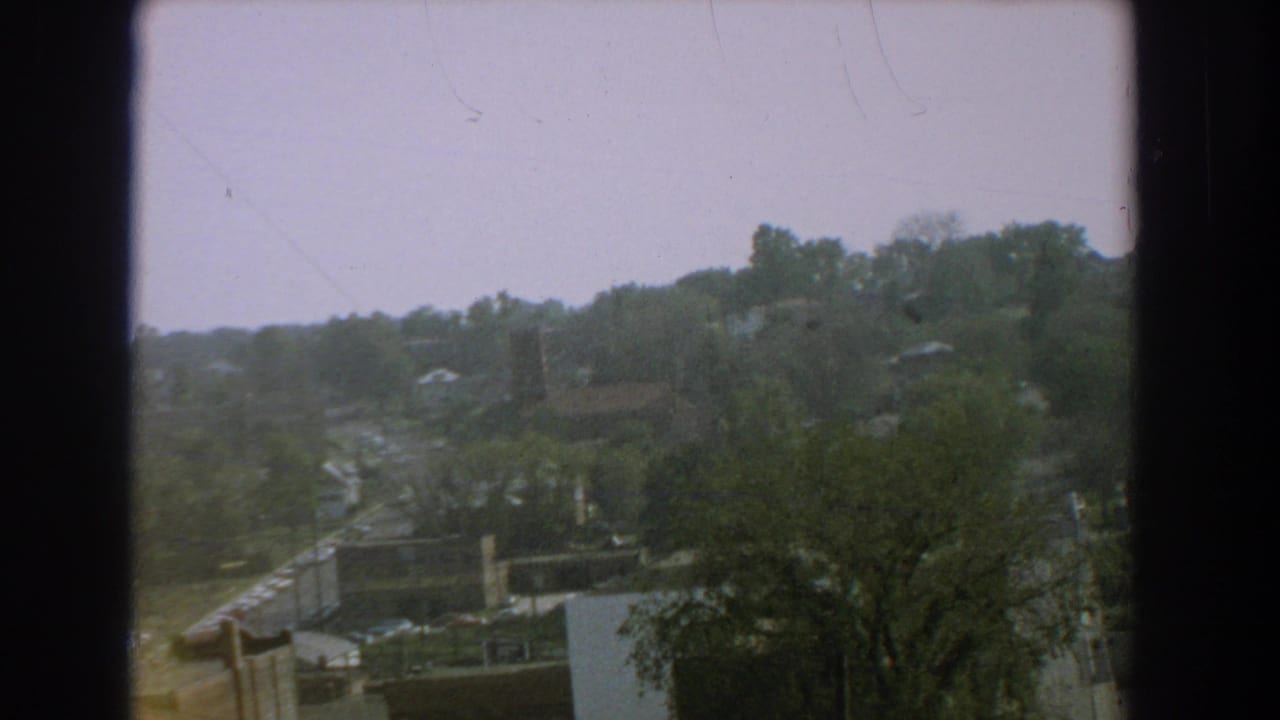 Similar elevated neighborhood view with tree canopy, rooftops, and a pale structure beneath a bright sky.