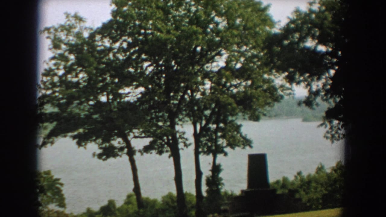 Leafy trees beside a lake, seen through dark frame edges.