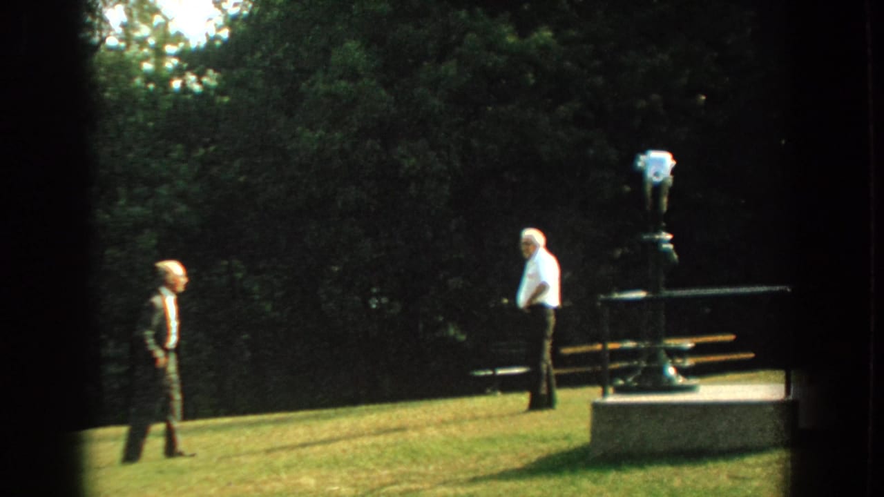 Two older men stand on grass near a park viewer, with trees behind them.
