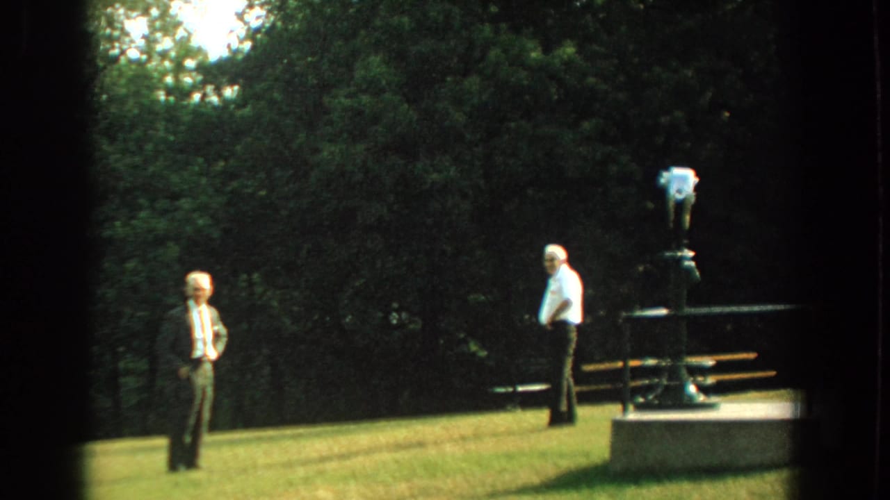 Two men stand apart on grass near a coin-operated viewer and trees.