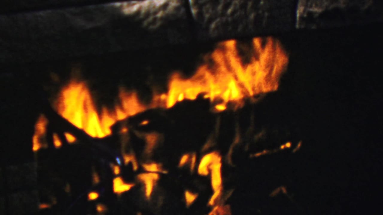 Flames burn around dark logs inside a stone fireplace.