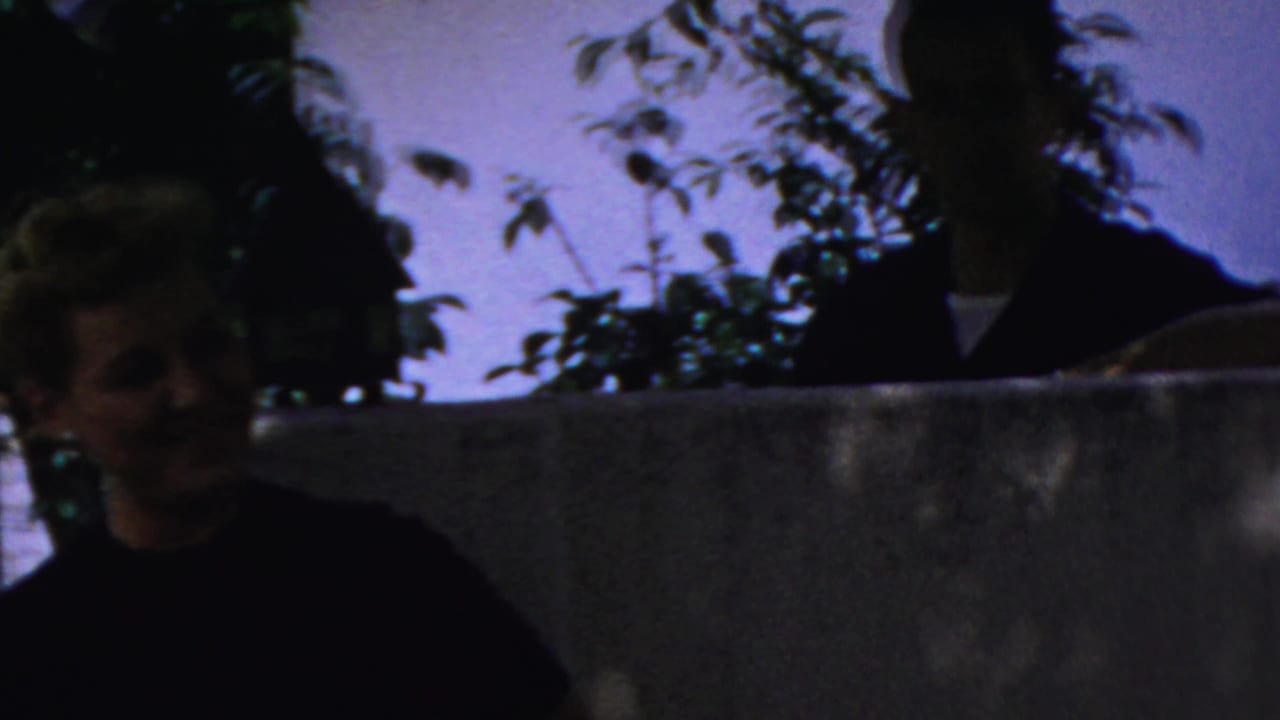The young woman and older man share the frame near a low wall, with leafy branches and sky behind them in the 1959 backyard scene.
