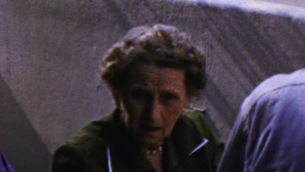 A woman in a dark green dress faces toward the camera during the 1959 Paramus home-movie gathering.