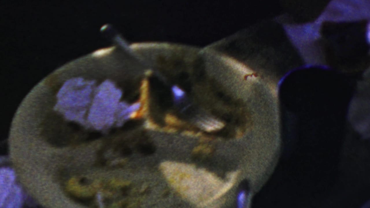 Close view of a plate with leftover food, spoon, napkin, and dark tabletop.