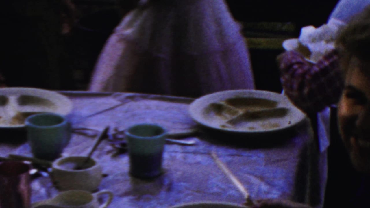 A young person faces the camera between tables with cups and used plates.