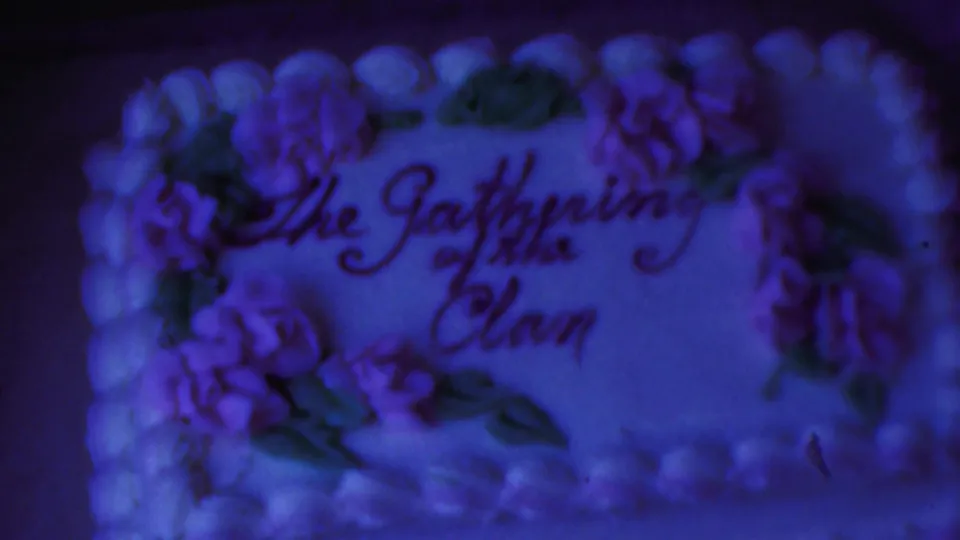 1959 8mm home-movie still of a decorated gathering cake in soft focus, with pink flowers and green leaves visible.