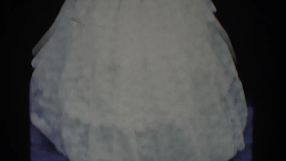 Close 1960 Bel Air wedding view of the bride's veil and voluminous white gown in low interior light.