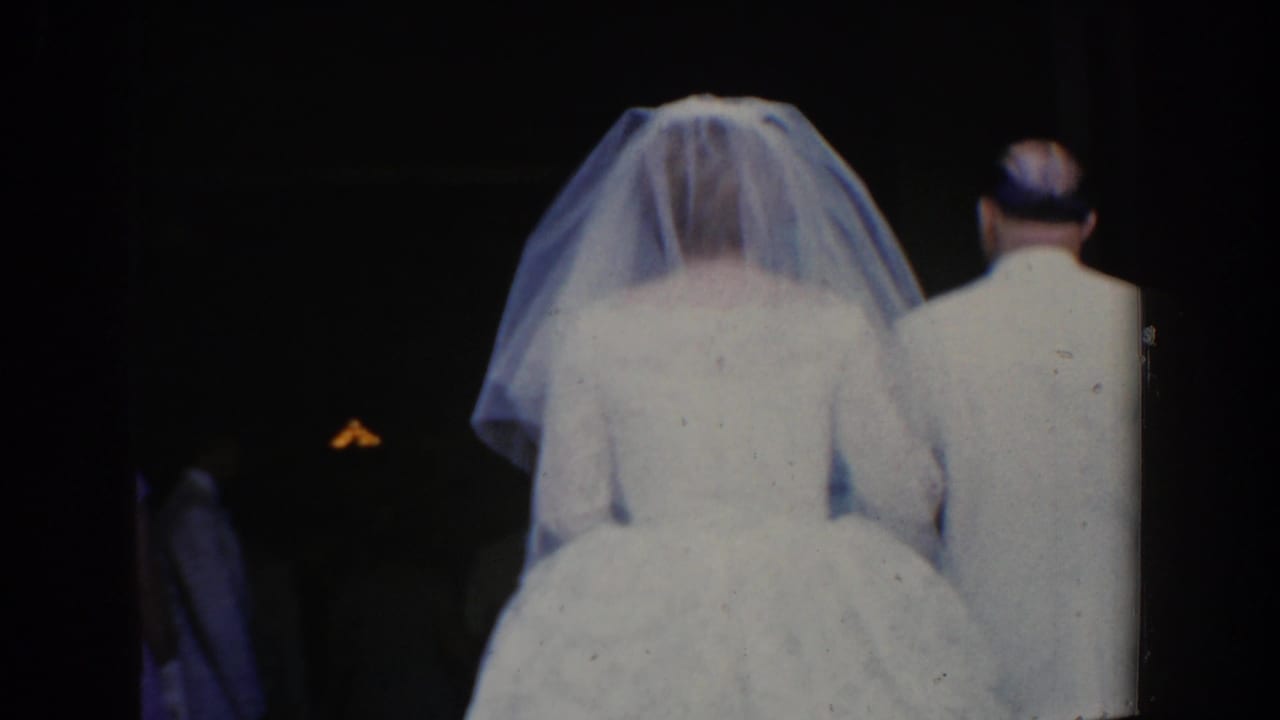 Bride in white veil and man in light suit seen from behind near a dark entrance.