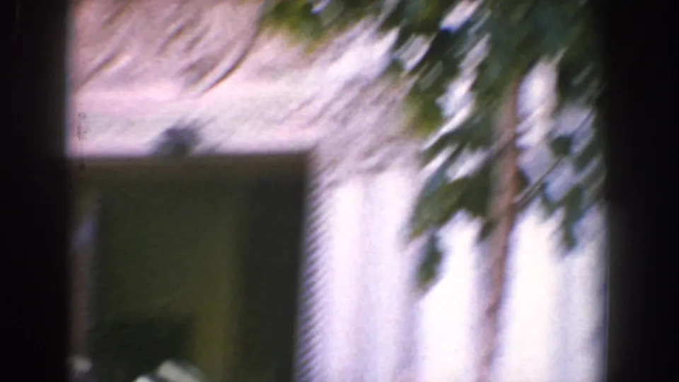 A handheld transitional frame shows a blurred outdoor view with foliage and a pale wall or building surface.