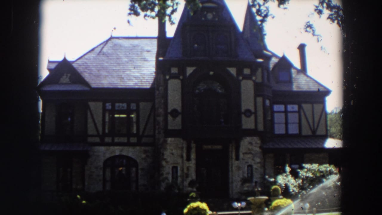 Front of the Tudor-style house with garden plants and sprinkler water at right.