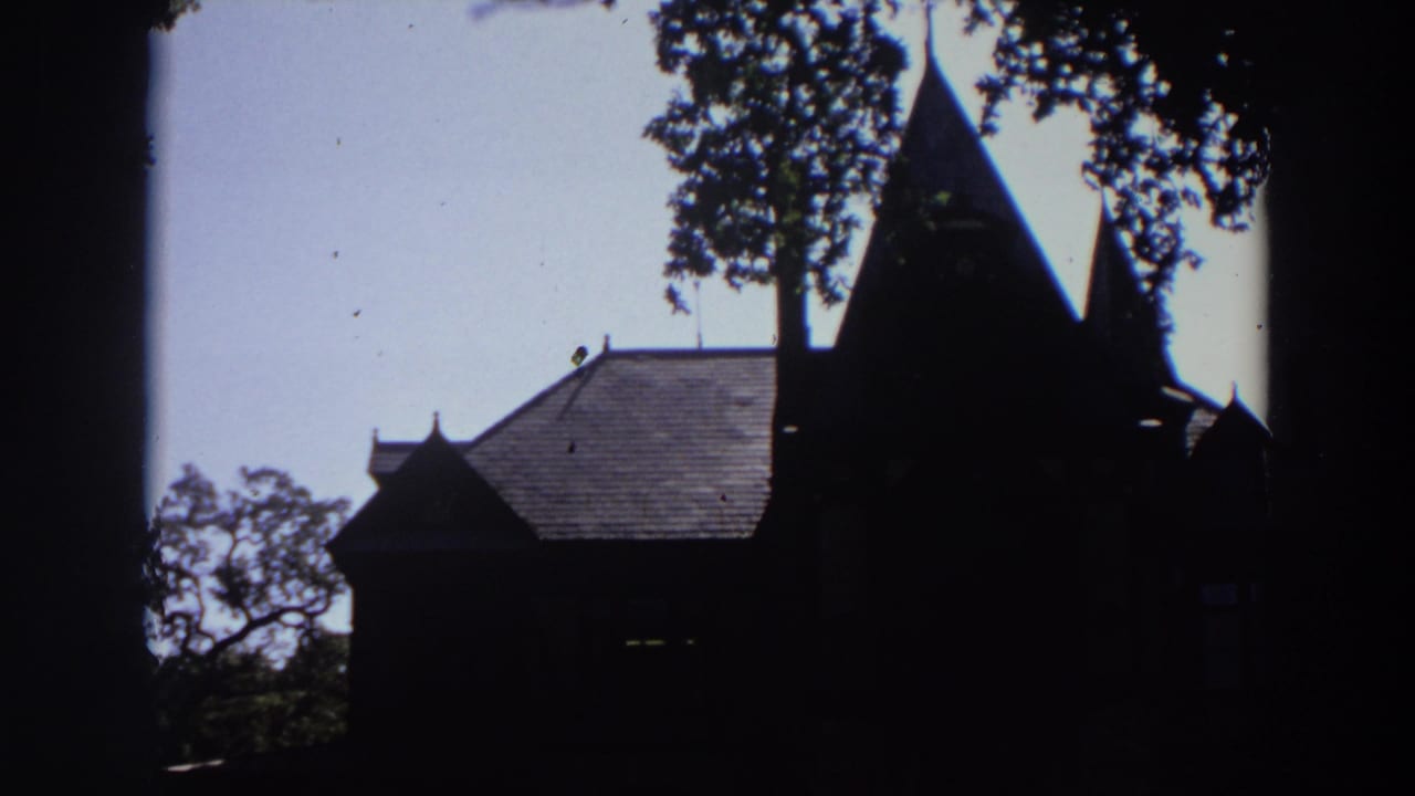 Silhouetted chapel roof and spires framed by tree branches, with small birds near the roofline.