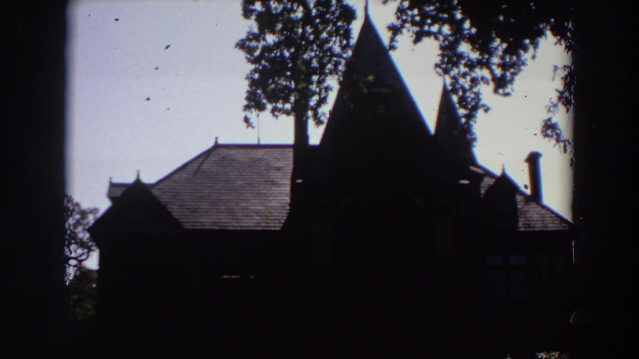 Dark, underexposed view of a steep-roofed building partly framed by trees.
