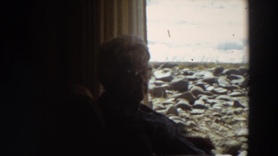 Older woman remains seated in a shadowed interior while a bright rocky California shoreline fills the window behind her.