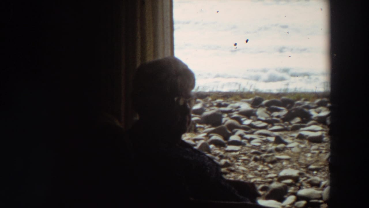 Older woman in silhouette sits by a window facing a rocky beach and surf.