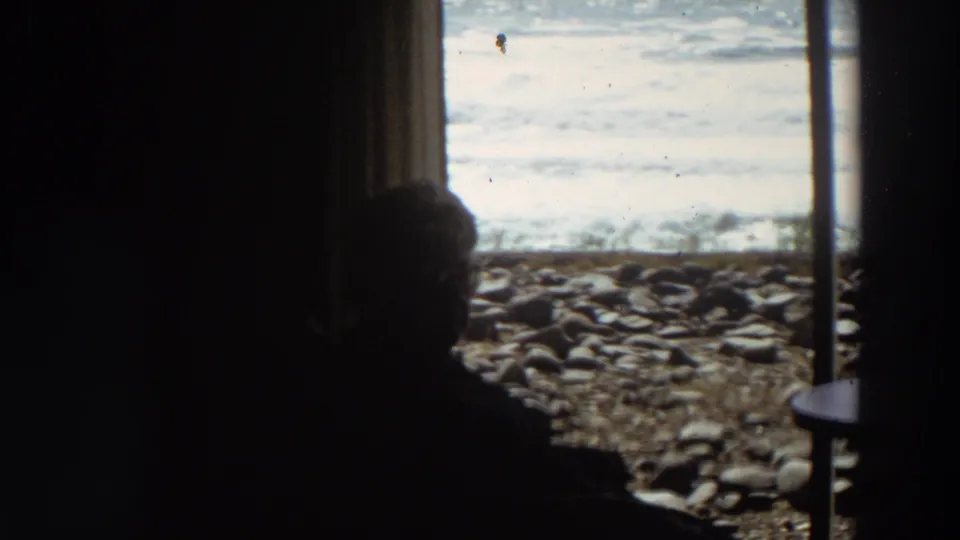 Silhouetted older woman seated indoors near a coastal window, with a rocky California beach and waves visible outside.