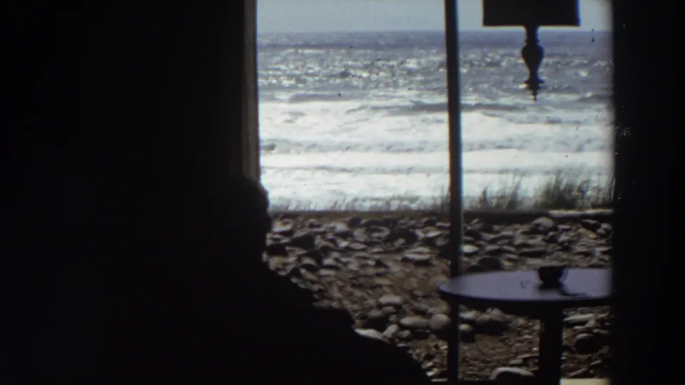 Interior 8mm view toward the California surf, with the seated woman low in shadow and a round table near the window.