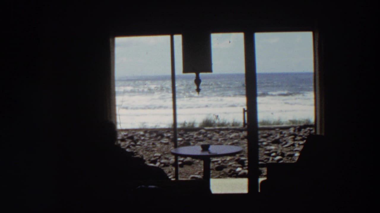 Dark room interior with silhouetted people facing sliding glass doors and ocean waves beyond.