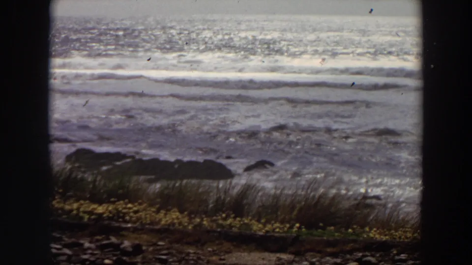 1964 California 8mm still showing sunlit waves, white foam, dark rocks, and blurred coastal vegetation in the foreground.