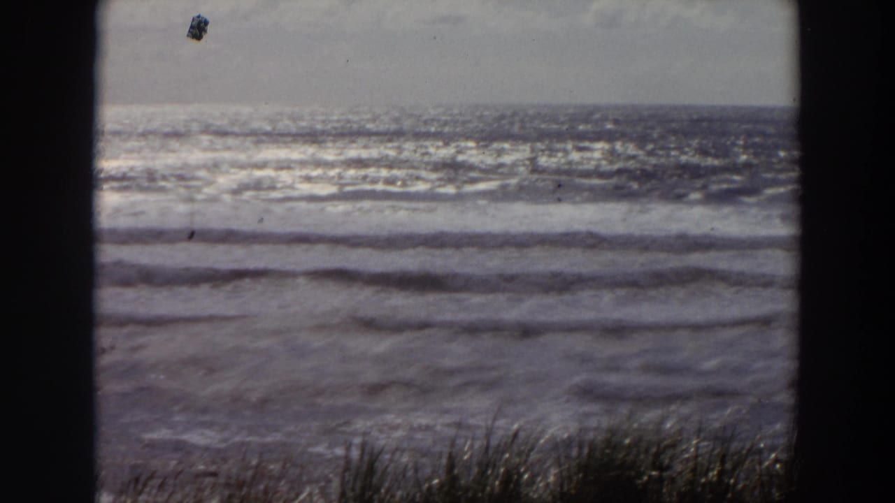1964 California 8mm view of ocean waves rolling toward shore, seen past beach grass and dark vertical framing.