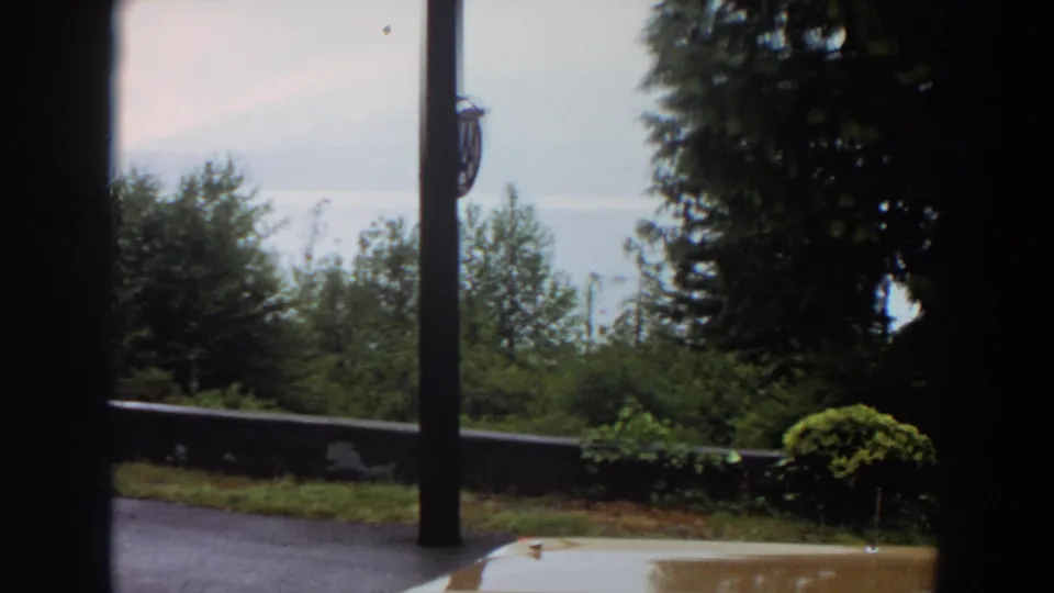 1964 California home-movie frame with a pole in the foreground, wet pavement, low wall, dense trees, pale sky, and car hood edge.