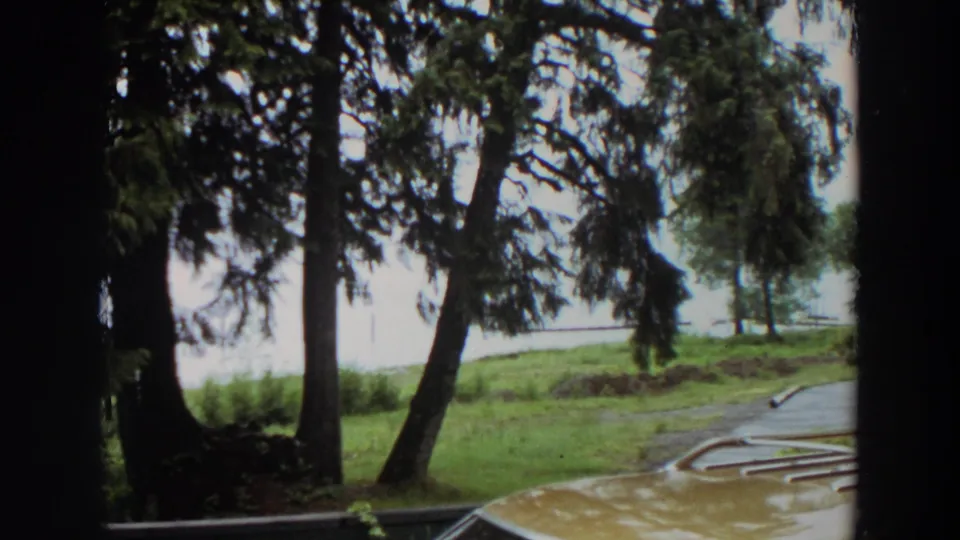 1964 California home-movie frame with lakeside trees, green grass, pale water, and part of a yellow car roof with a metal rack visible.