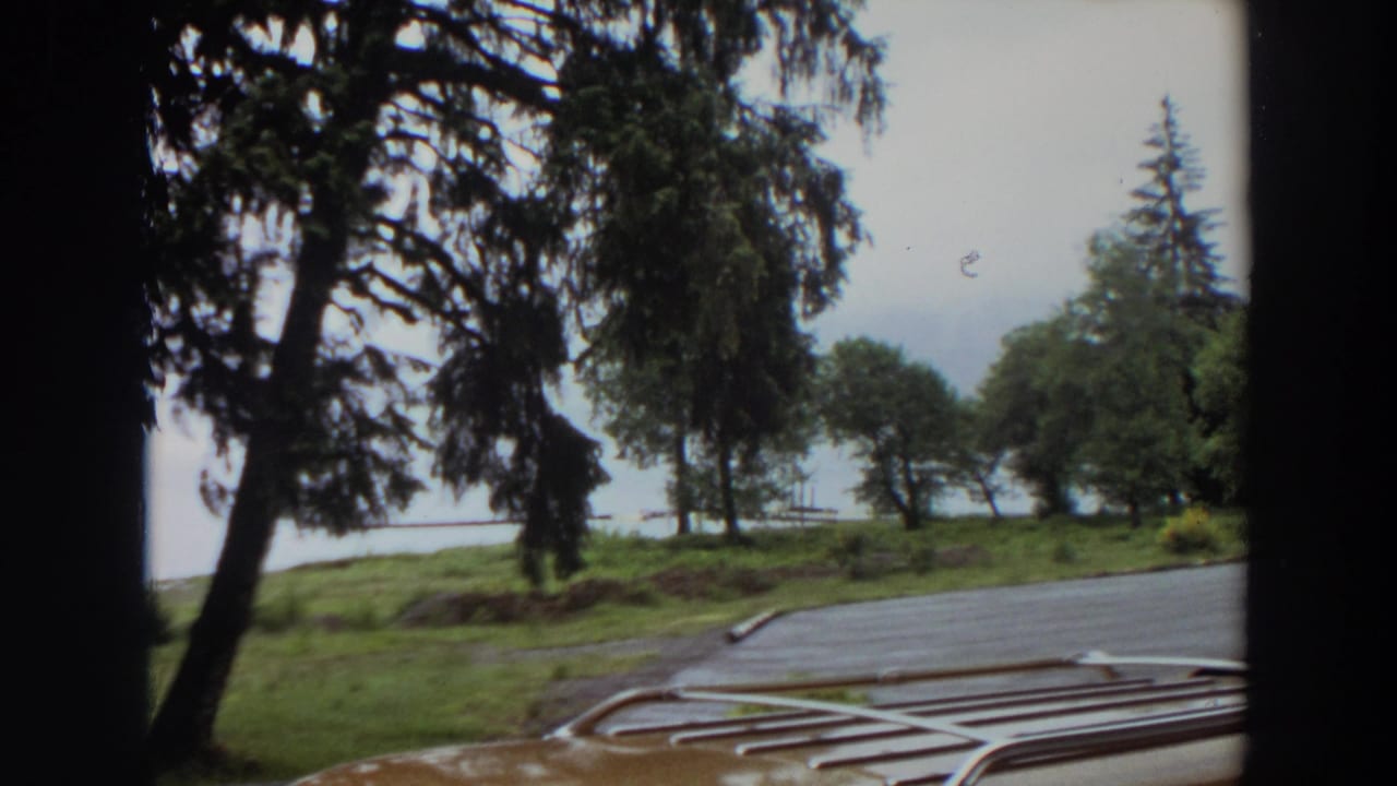 A 1964 California home-movie frame shows wet pavement, a car roof rack, dense trees, and water in the distance.