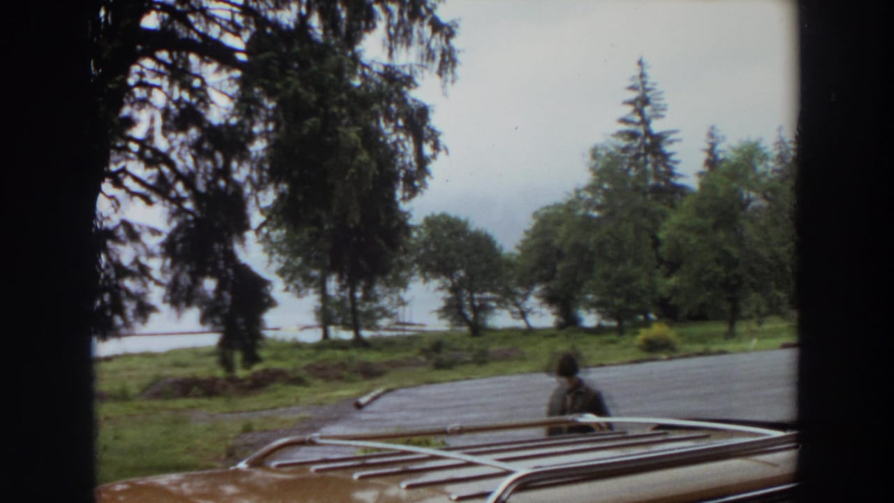 Parking lot seen past a car roof rack with trees, lake, and a person in the distance.