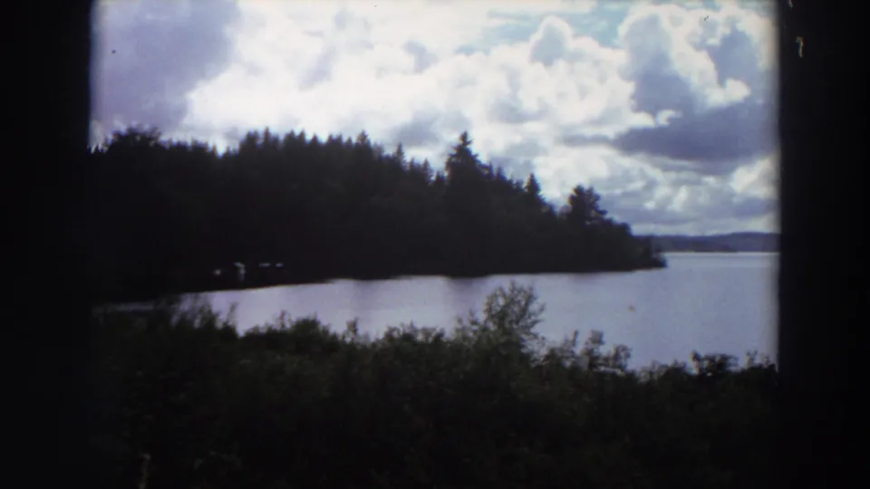 1964 California 8mm frame showing calm lake water, a wooded shoreline, foreground vegetation, and a clouded sky with distant hills faintly visible.