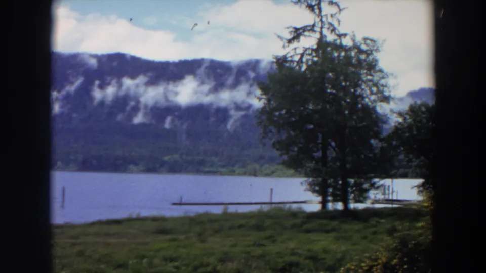 1964 California 8mm frame showing a lakeside tree, dock, grassy foreground, and cloud-veiled mountain ridge.