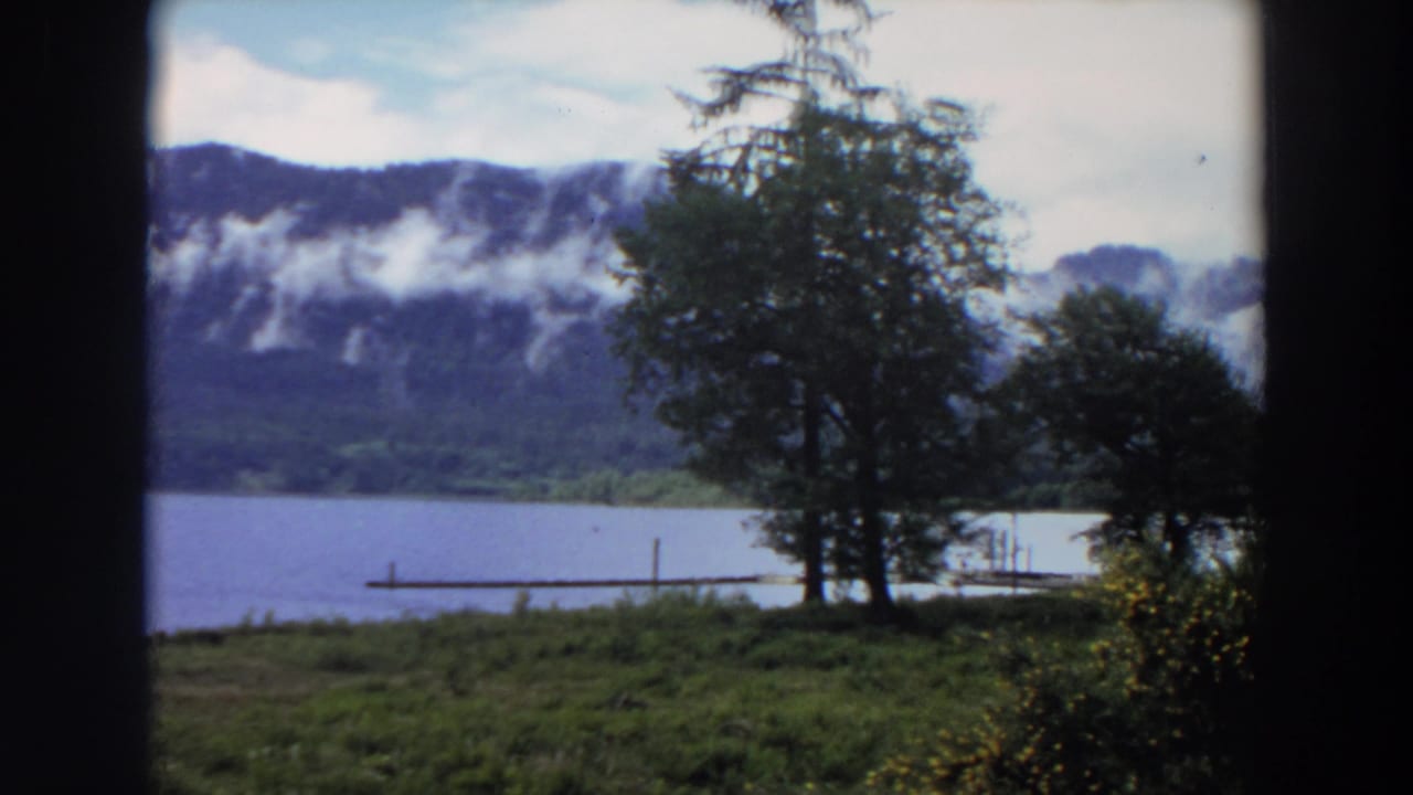 1964 California 8mm frame showing lakeside trees, grass, a narrow dock, and mist along distant mountain slopes.