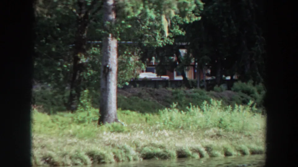1964 California 8mm frame showing a forested lakeshore, grassy bank, tall trees, and a small structure partly hidden by dark frame edges.