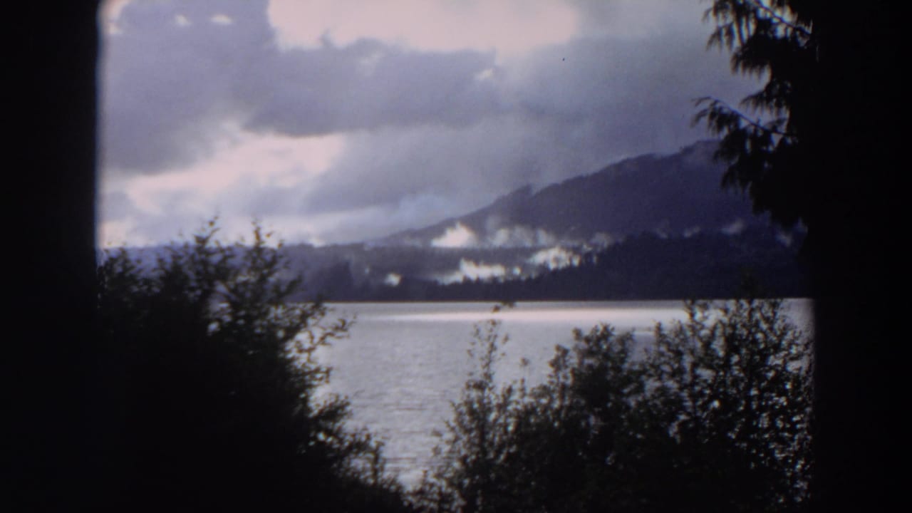 1964 California 8mm view of a mountain lake framed by dark foreground trees, with distant peaks under low clouds.